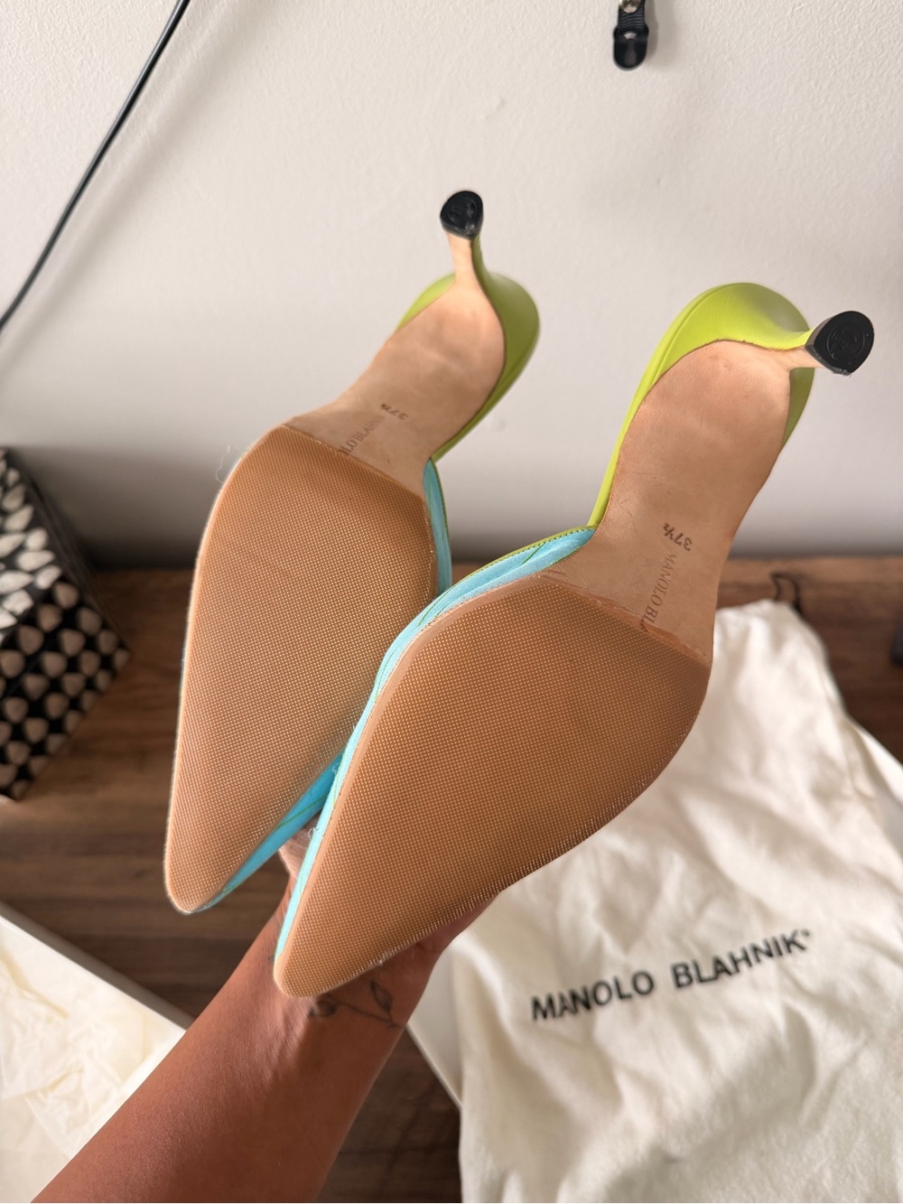 Manolo Blahnik Turquoise with Lime Trim Pointed Slip-On Mules - Picture 6 of 6
